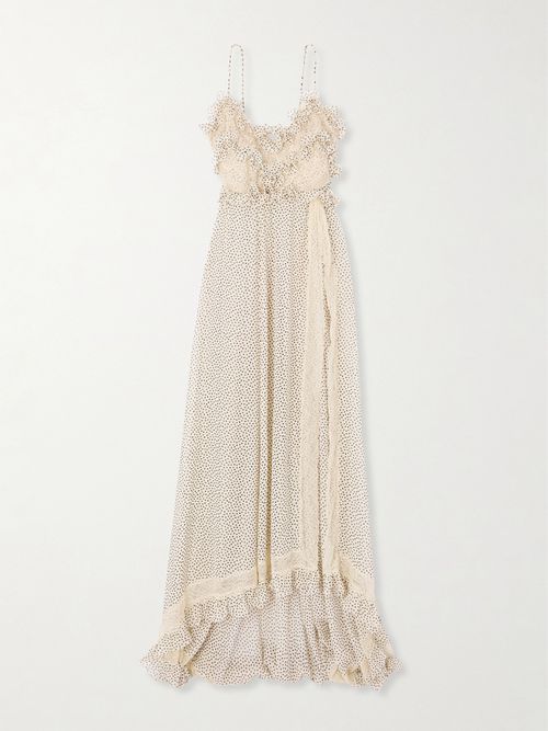 Lace-trimmed Ruffled Polka-dot Silk-georgette Gown - Neutrals