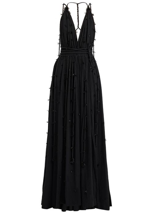 Bead Embellished Halterneck Cotton Maxi Dress
