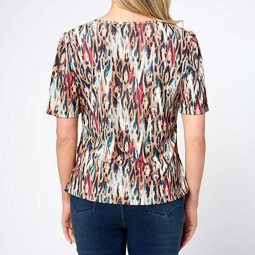 Jaclyn Smith Scoop Neck Side Ruched Tee - Tobacco Brown Combo
