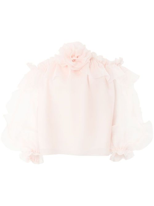 Floral-appliqué ruffled blouse - Pink