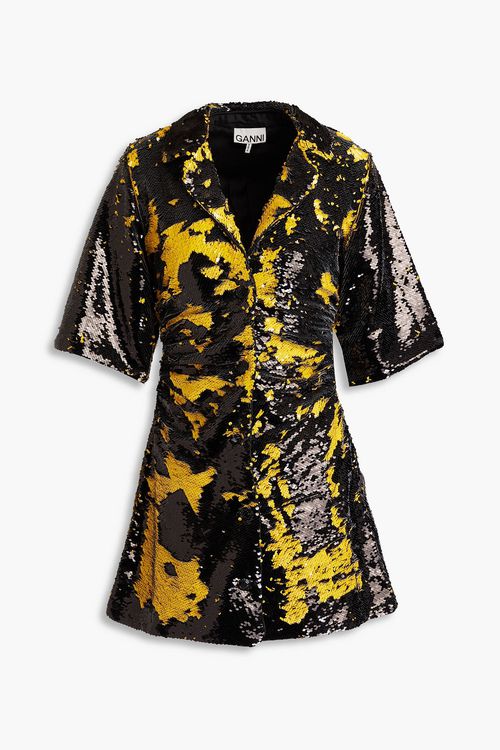 Ruched sequined georgette mini shirt dress