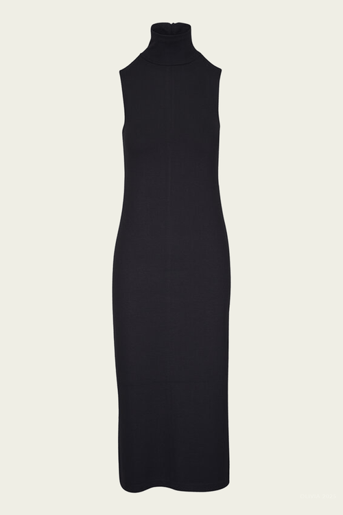 Side-Slit Sleeveless Turtleneck Dress in Black