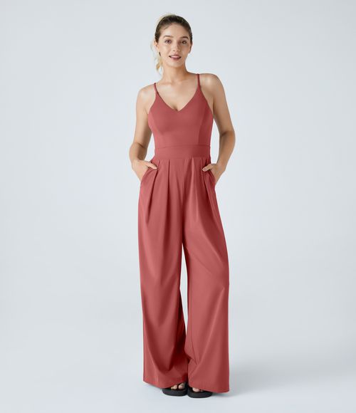 Breezeful™ Backless Side Invisible Zipper Pocket Wide Leg Quick Dry Resort Slip Jumpsuit  - Kapok Red