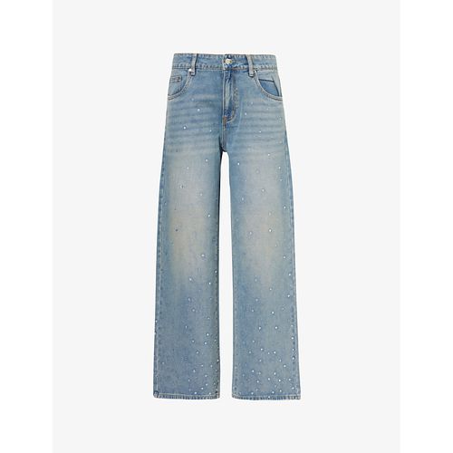 Womens Sky Blue Crystal-embellished Wide-leg Mid-rise Denim-blend Jeans 12