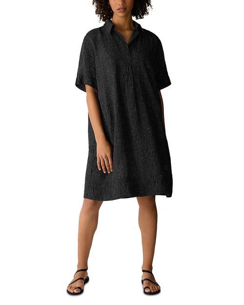 Puckered Linen Grid Classic Collar Dress