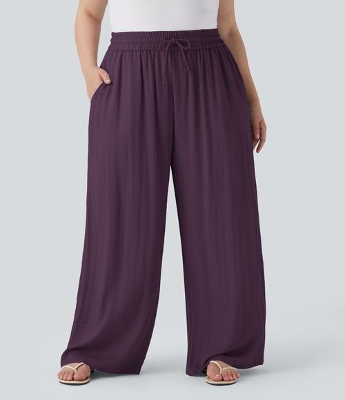 High Waisted Drawstring Linen-Feel Wide Leg Casual Plus Size Pants with Pockets  - Italian Plum