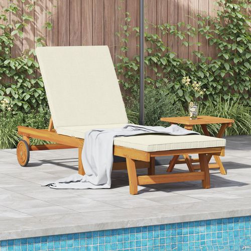 Sun Lounger with Wheels and Cushion in Cream White Solid Wood