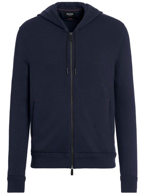 Fine-knit zipped hoodie - Blue