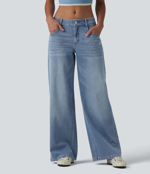 Flex™ Low Rise Zipper Pockets Washed Baggy Wide Leg Casual Jeans  - Light Blue – Glacier Light Blue