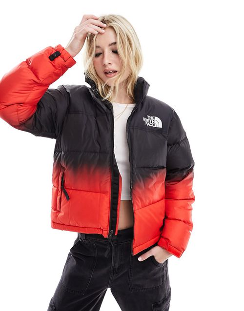 1996 Retro Nuptse dip dye down puffer jacket in black and red
