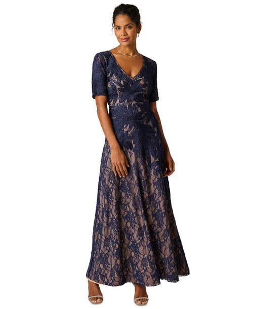 Women's V-Neck Lace Dress - Navy/Nude