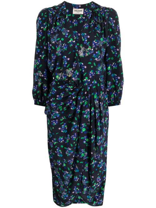 Draped floral-print midi dress - Blue