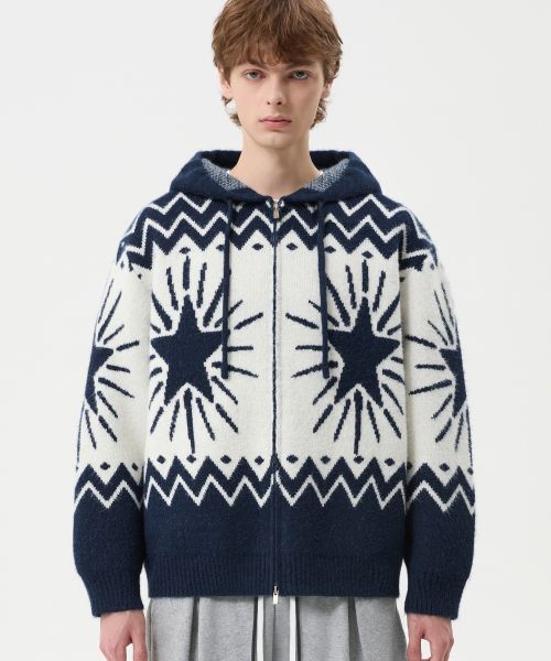 Washable Wool Star Nordic Hooded Zip-Up Knit_Navy