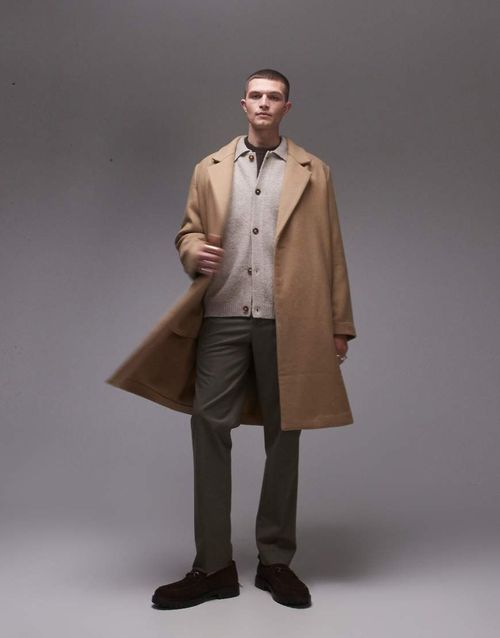 Topman relaxed fit single breasted overcoat in camel-Neutral
