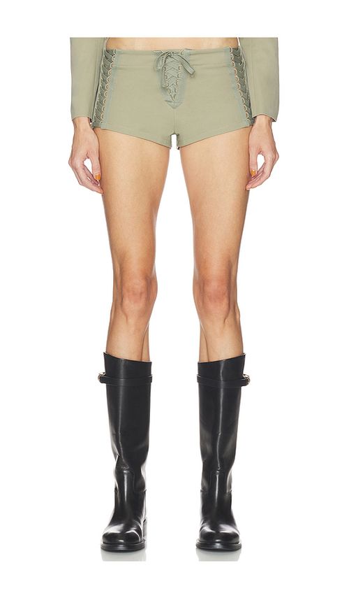 HAELO Open Lace Up Micro Shorts in Surplus Khaki in Olive. - S also in XXS, XS, M