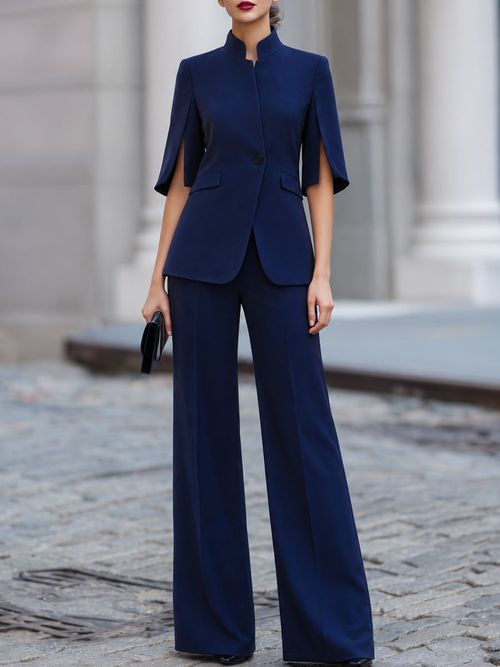Stand Collar Short Sleeve Blazer & Wide Leg Trousers Two-Piece Formal Suit Set - Navy Blue
