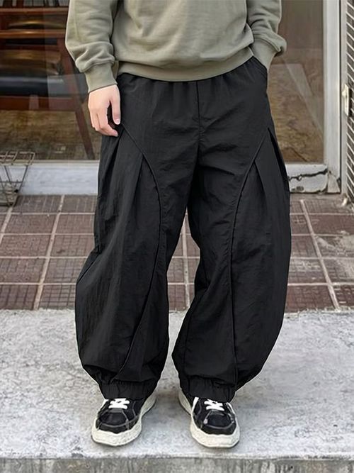 Men's Harajuku Streetwear Oversized Baggy Curved Pleated Elastic Waist Pant SKUL66153 - Black / S