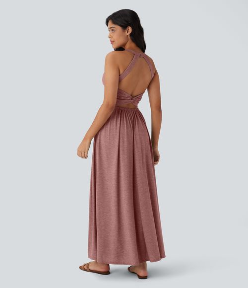 Twisted Backless Split Flowy Maxi Resort Dress with Pockets Casual Dress - Brick Red Mix