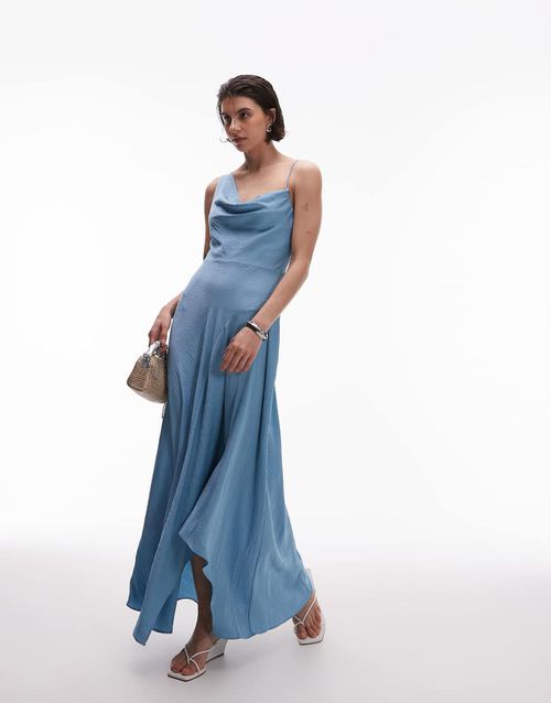Mango one shoulder satin midi dress in light blue