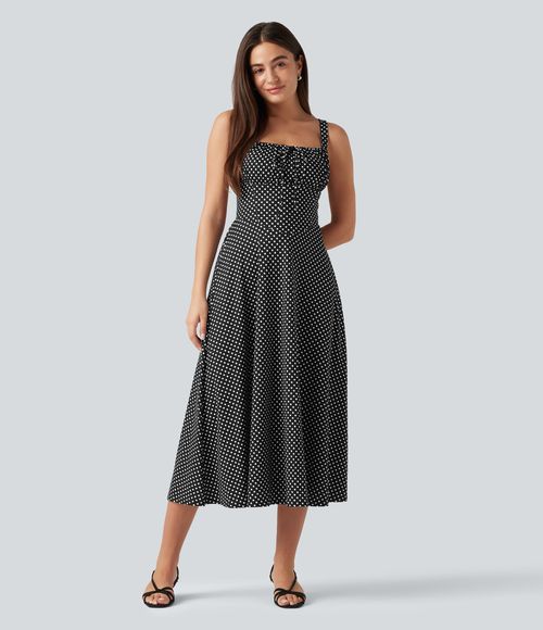 Crisscross Backless Square Neck Sleeveless Ruched Polka Dot Built-in Bra Midi Resort Flowy Dress Casual Dress - Midnight Dots