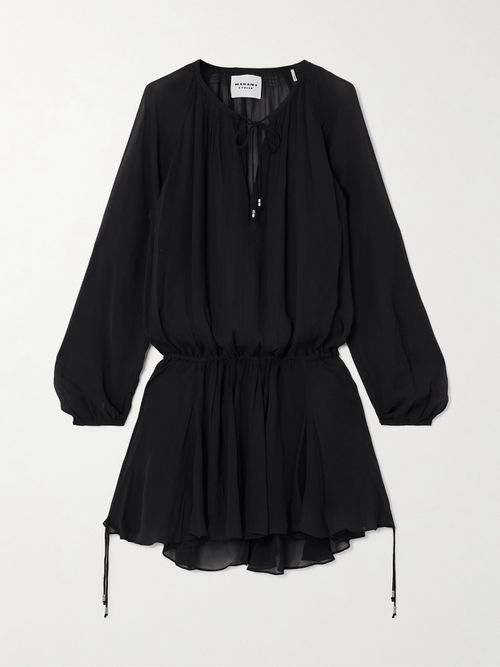 Bess Gathered Georgette Mini Dress - Black