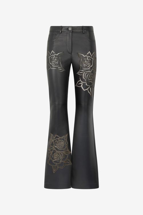 Leather Pants With Perforated Roses