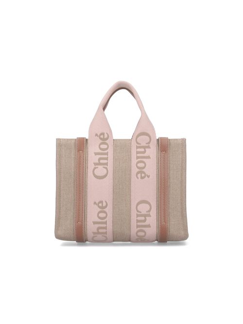 Pink And Beige Woody Small Shopping Bag With Shoulder Strap