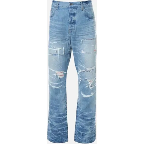 Men's Amiri Aloha Patch Straight Fit Faded Indigo Blue Denim Jeans - Size: 30/32