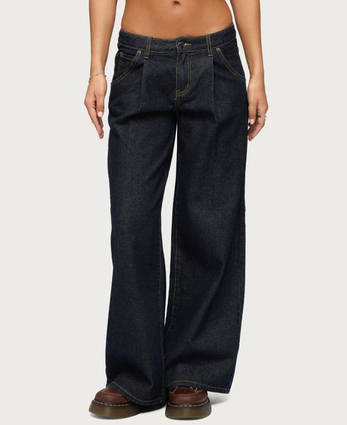 Women's Pleated Low Rise Wide Leg Jeans - Dark-blue-washed