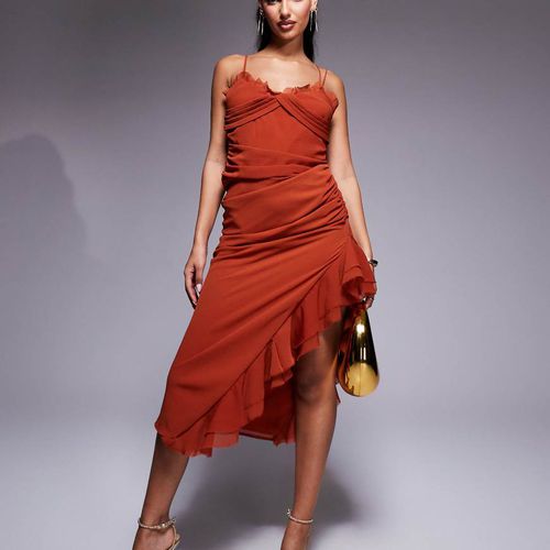 asos red asymmetric dress Rent ASOS DESIGN Satin Cowl Neck Mini Dress With Exaggerated Sleeve Detail  In Red main image 0