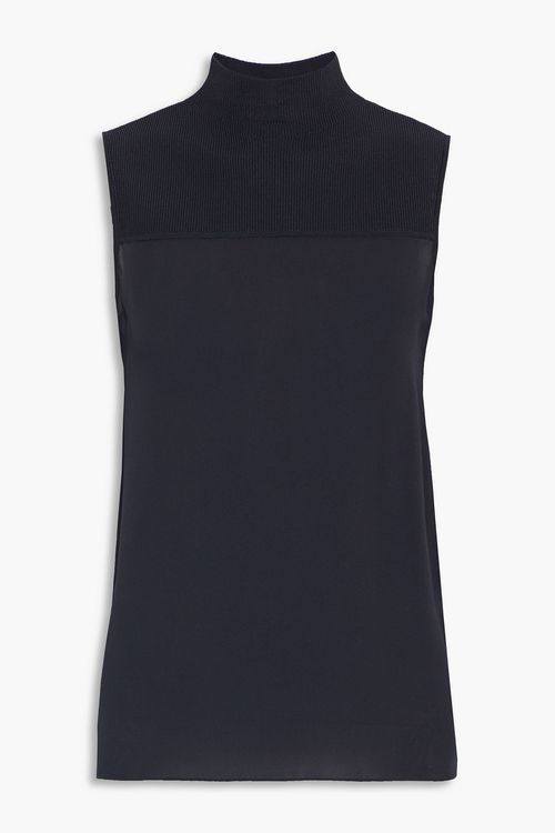 Ribbed knit-paneled silk crepe de chine top