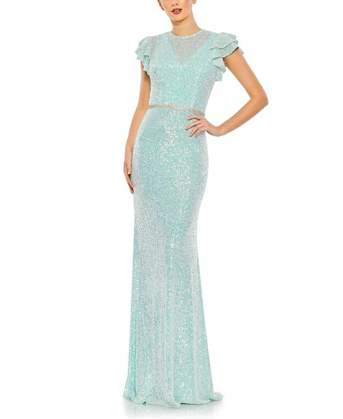 Sequined High Neck Flutter Sleeve Gown