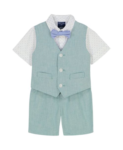 Baby Boys Shirt, Bowtie, Linen-Look Vest & Shorts, 4 Piece Set - Light green