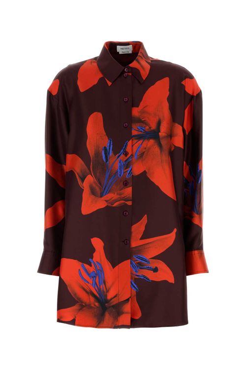 Floral-Print Silk Shirt — Burgundy