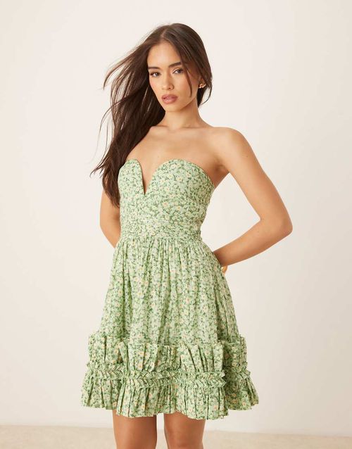 Lace & Beads bandeau cotton ruffle hem mini dress in green daisy