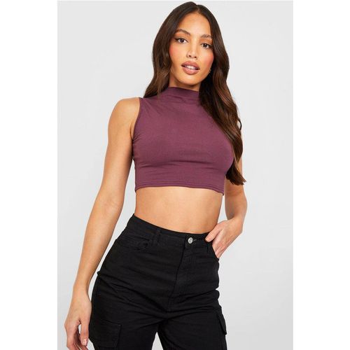 Womens Tall Basic Cotton Blend Funnel Sleeveless Crop Top - Purple - 10, Purple