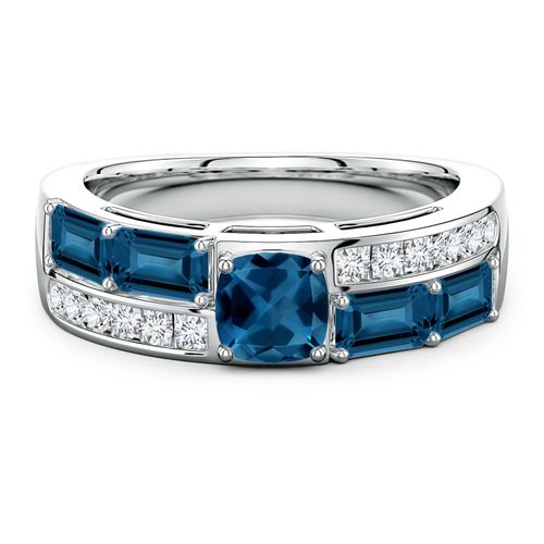 Lee Harris x Angara 2.35 CTW Cushion London Blue Topaz Modern Art Deco Inspired Double Side Stone Shank Ring in Platinum
