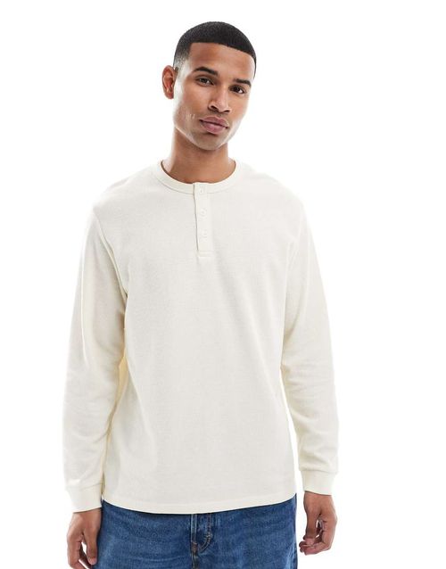 Long sleeve textured henley in cream-White