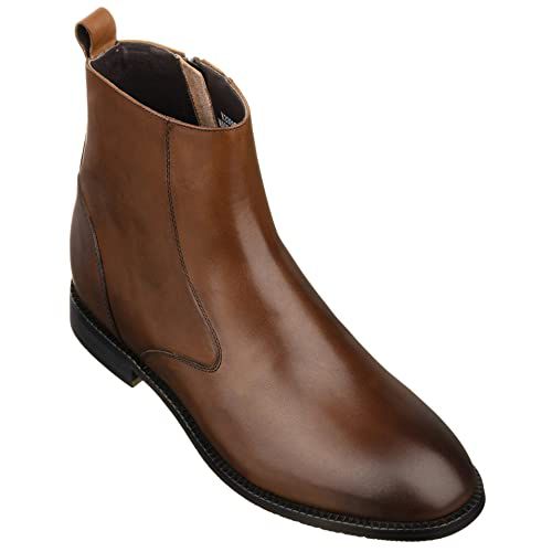 TOTO Men's Invisible Height Increasing Elevator Shoes - Coffee Brown Leather Slip-on Chelsea Boots - 2.6 Inches Taller - K33093