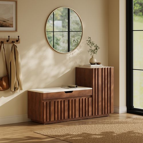 Aura 47â Walnut Wooden Shoe Storage Bench with Right-Side Cabinet for Entryway