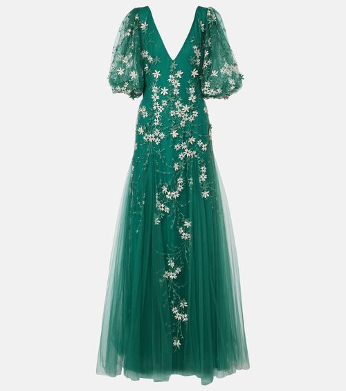 Floral-appliqué tulle and lurex gown