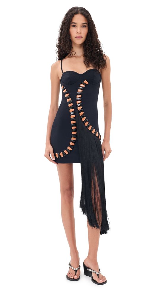 Delya Knit Beaded Fringe Mini Dress Black