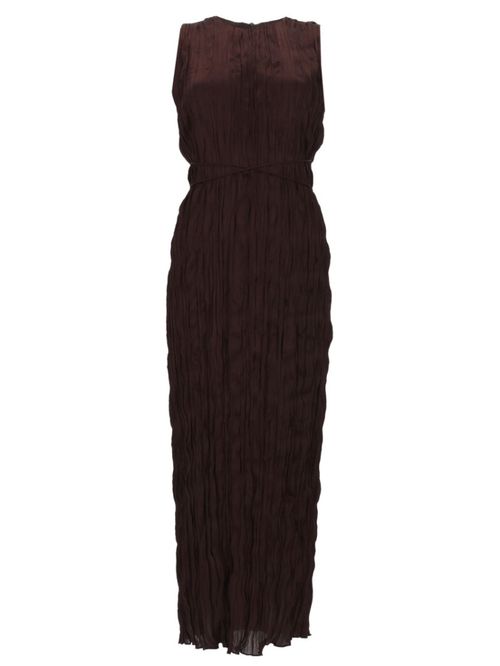 Brown Pleated Round Neck Maxi Dress
