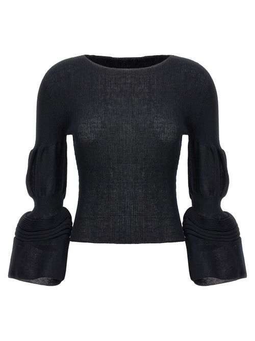 Puff-Sleeve Ribbed Blouse — Black
