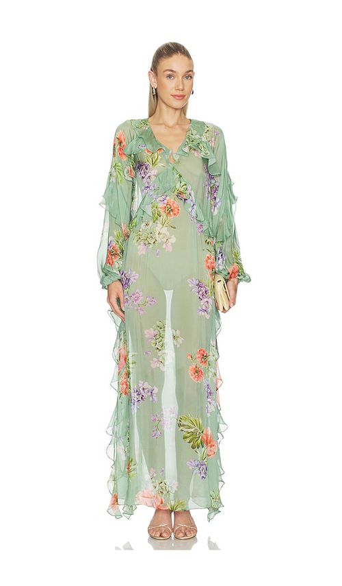 HEMANT AND NANDITA Long Ruffle Kaftan in Green. - S also in XXS, XS, M, L