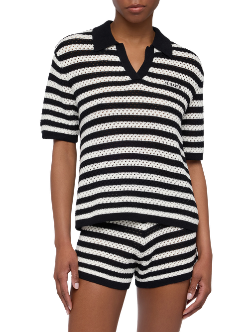 Pixie Black Striped Knit Polo Shirt - Women