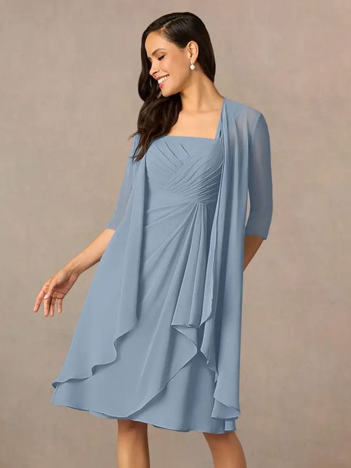 Mother Dress Square Neck Half Sleeves Two-piece Pleated Guest Dresses For Wedding