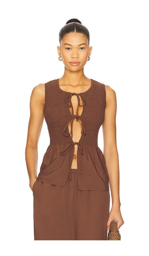 SEVEN WONDERS Fleur Shirred Tie Front Top in Chocolate.  S. Also in L