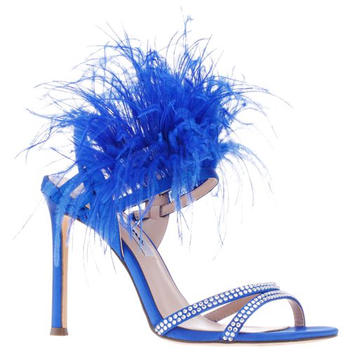 Womens Dalva Electric Blue Satin Crystal Feather Stiletto Slingback Dress SandalÃÂ  | Nina Shoe