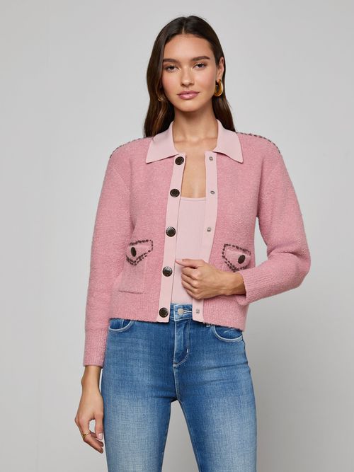 Poetry Cardigan In Mauve Rose/dark Brown